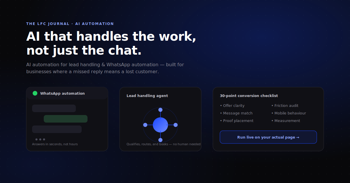AI automation for lead handling and WhatsApp automation — dashboard showing lead routing and conversion checklist