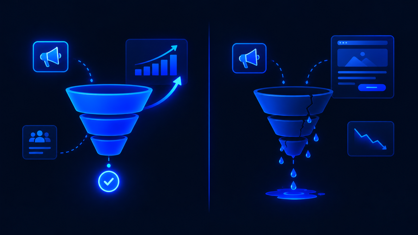 landing page not converting despite Meta ads working — diagnosis illustration showing ad clicks vs page conversion split