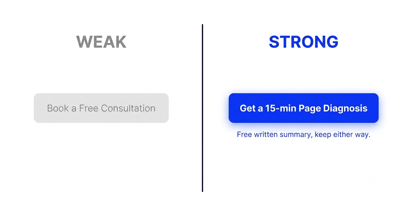 Weak versus strong call-to-action button comparison for a landing page offer not converting