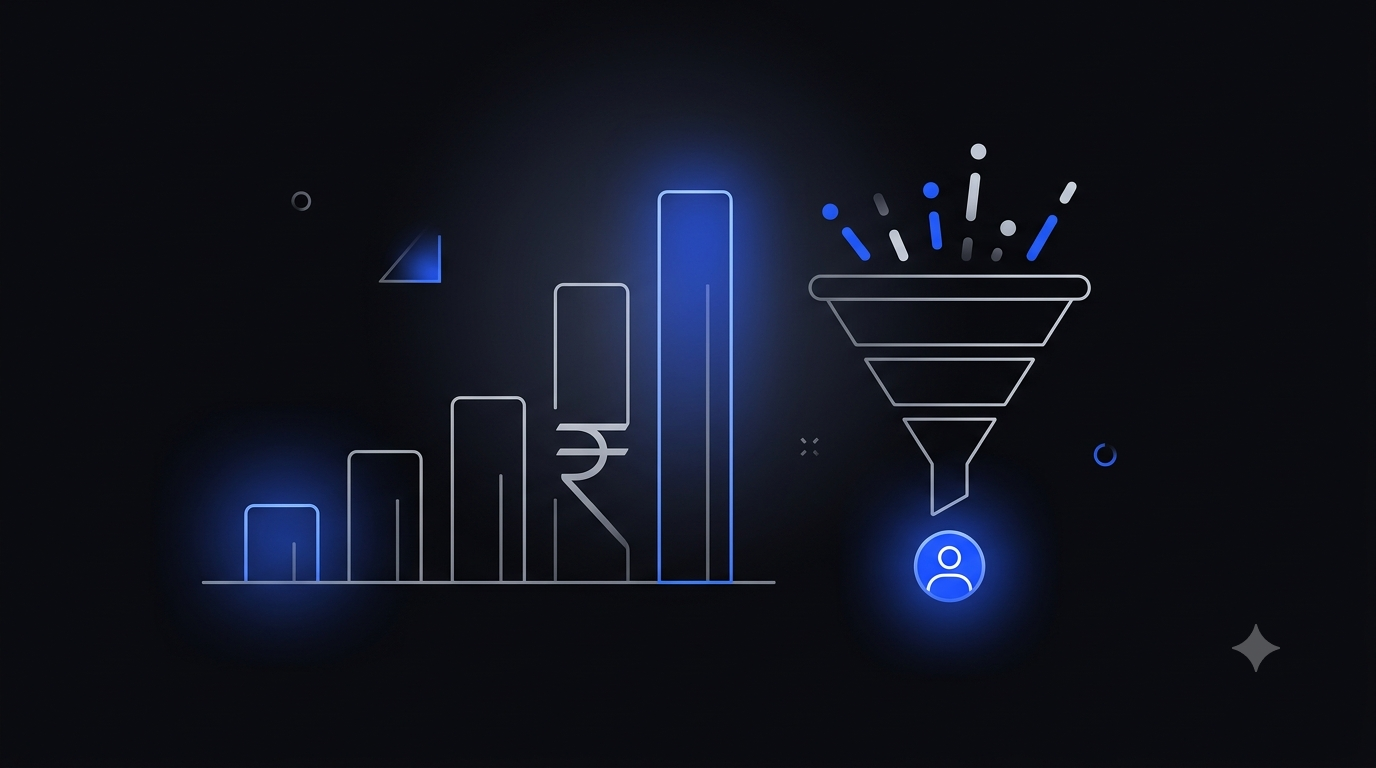 Meta ads cost per lead India — rising CPL bar chart and lead funnel diagram