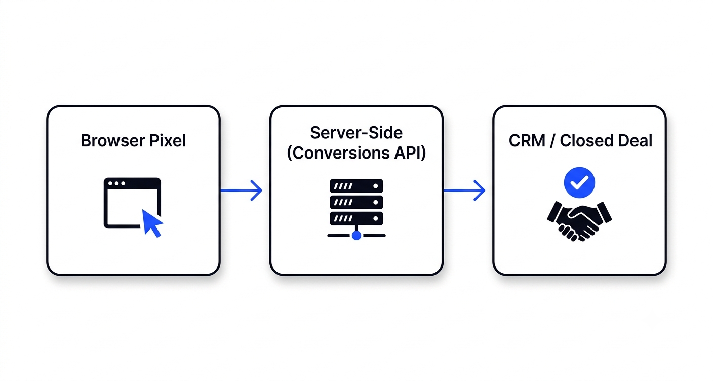 Diagram of a three-layer conversion tracking setup: pixel, server-side and CRM