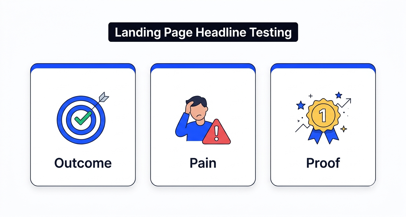Landing page headline testing — three angles: outcome, pain and proof